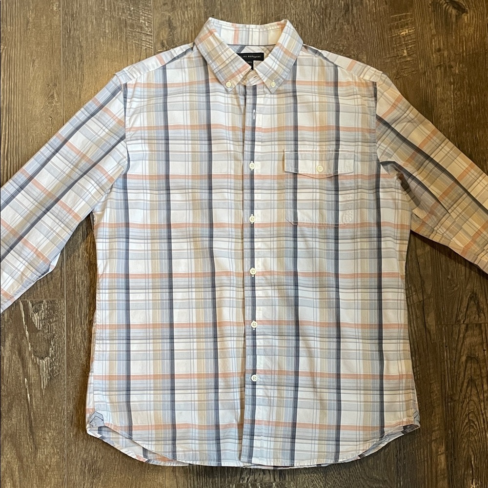 Banana Republic‎ Men's Size Large Blue, Tan & White Plaid Button-Down Shirt